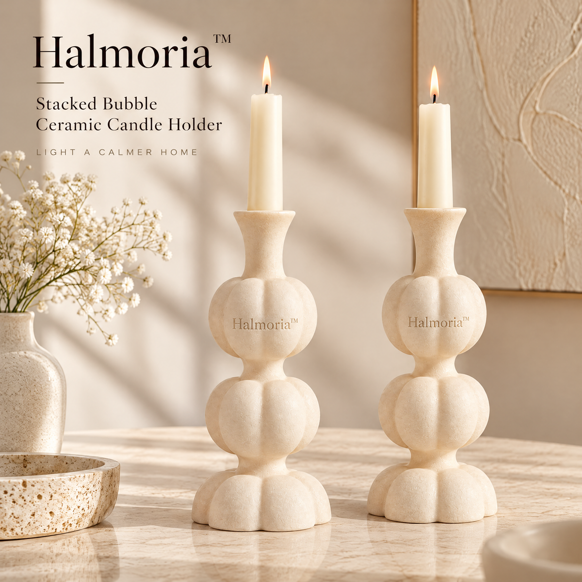 Halmoria™ Sculptural Ceramic Taper Candle Holder – Gentle Arc Collection