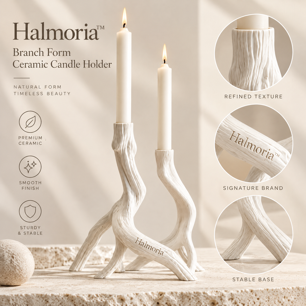 Halmoria™ Sculptural Ceramic Taper Candle Holder – Balanced Glow Collection