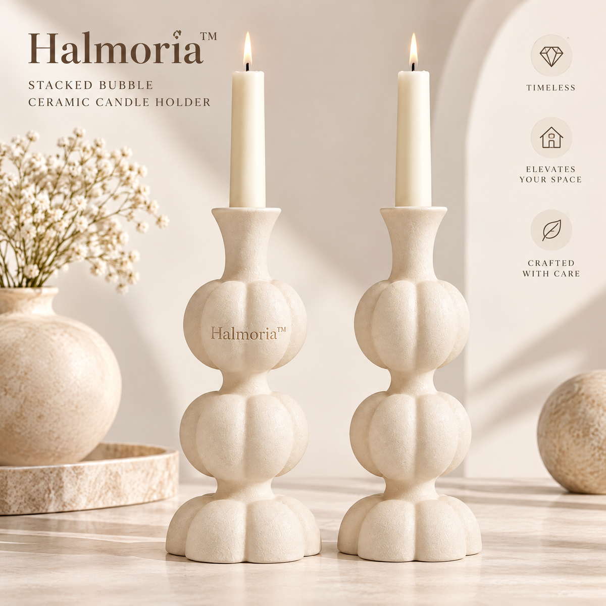 Halmoria™ Sculptural Ceramic Taper Candle Holder – Gentle Arc Collection