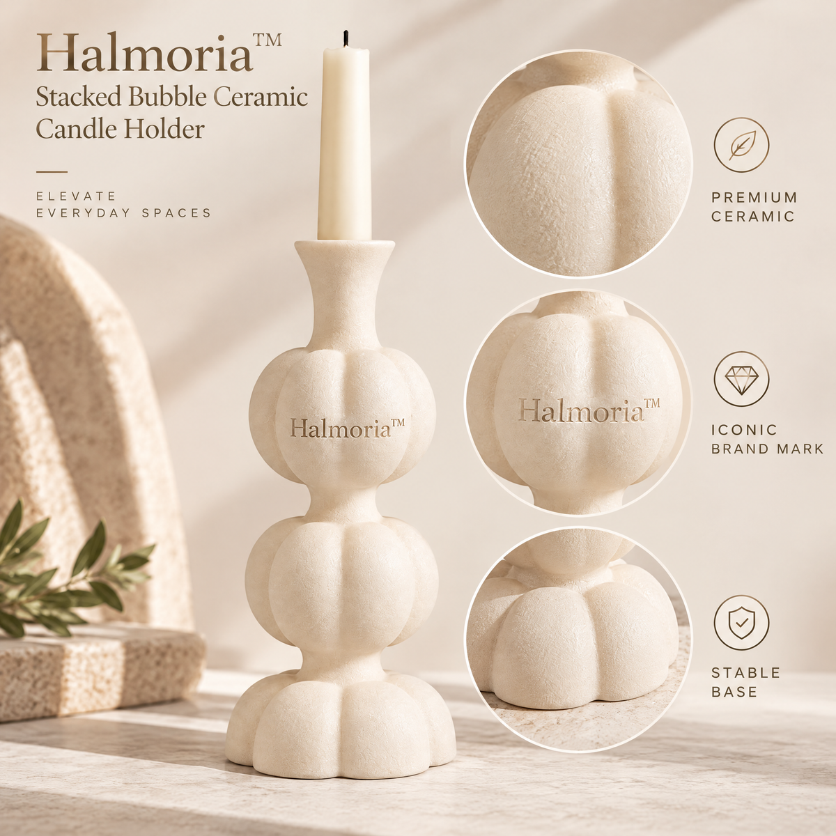 Halmoria™ Sculptural Ceramic Taper Candle Holder – Gentle Arc Collection