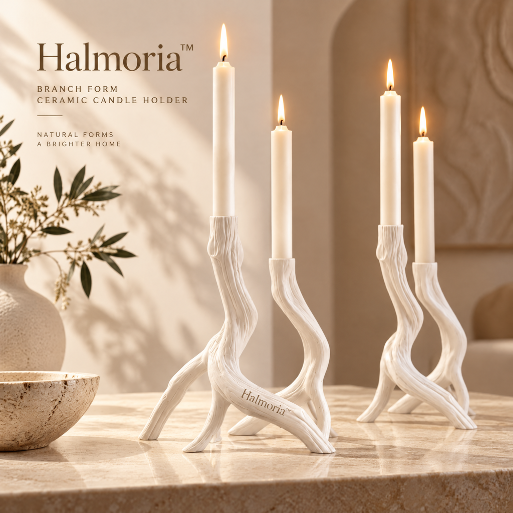 Halmoria™ Sculptural Ceramic Taper Candle Holder – Balanced Glow Collection