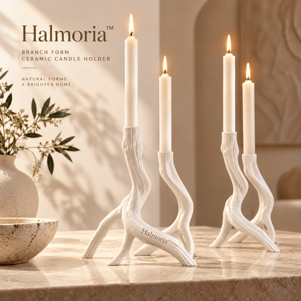Halmoria™ Sculptural Ceramic Taper Candle Holder – Balanced Glow Collection