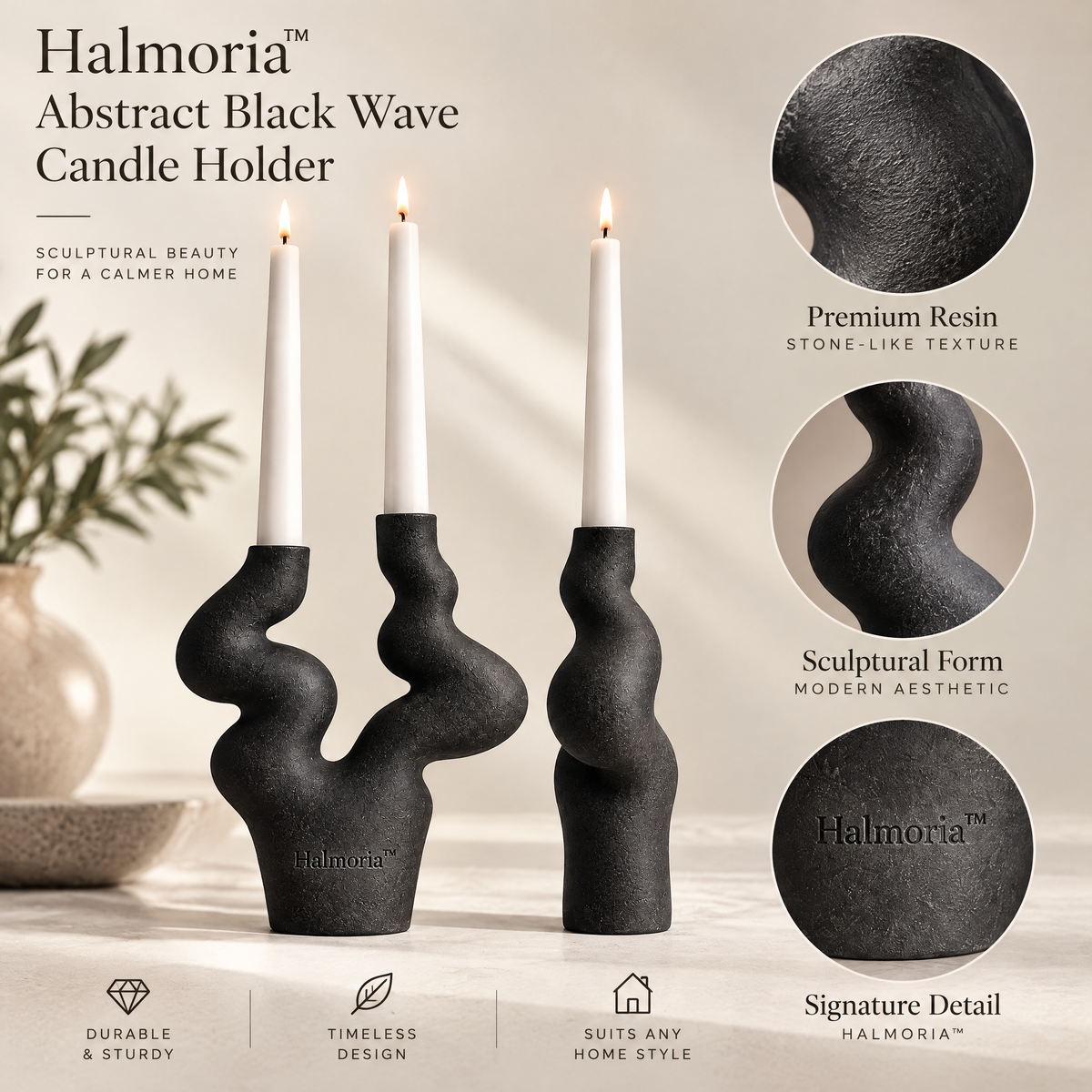 Halmoria™ Abstract Black Wave Candle Holder