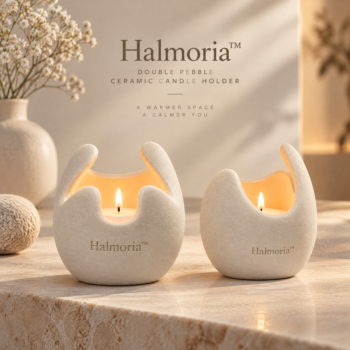 Halmoria™ Double Pebble Ceramic Candle Holder