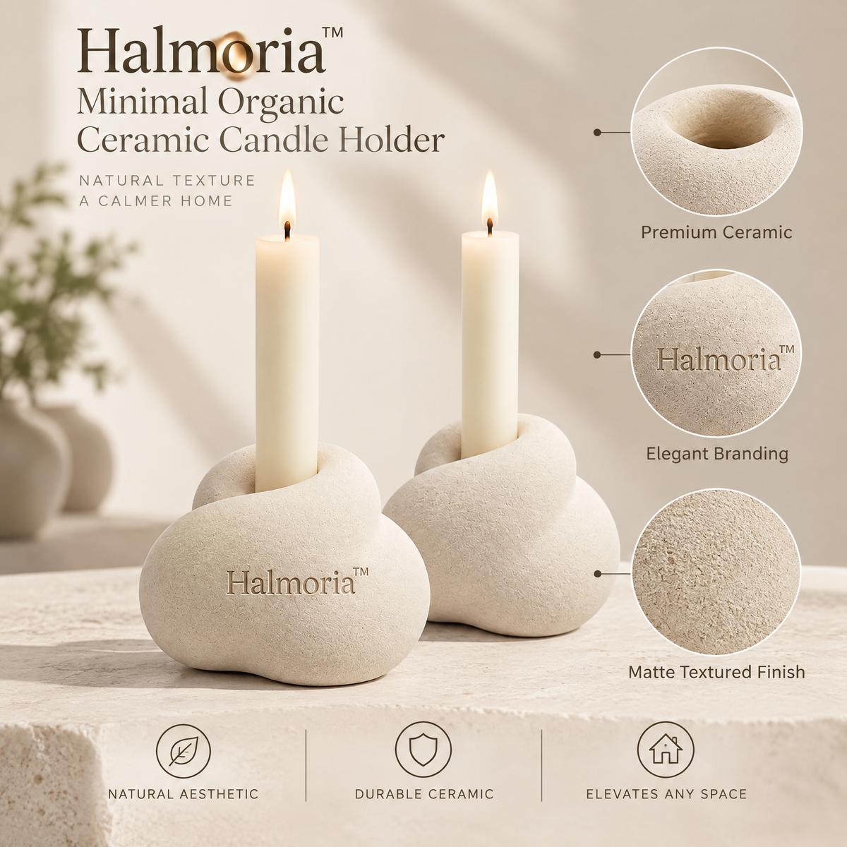 Halmoria™ Sculptural Ceramic Candle Holder – Soft Curve Collection